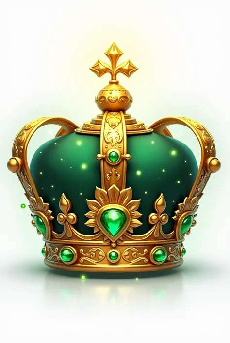 create on a white background, An animated illustration of a golden crown, with inlays of green precious stones.  The crown debe tener una  temática fantástica. The crown, It should resemble a real appearance., predominantly dark green, with intricate gold ...