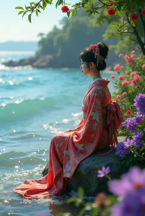 Geisha girl sitting on a rock by the ocean contemplating life. Beautiful purple and red and pink flowers surrounded by lush greenery 