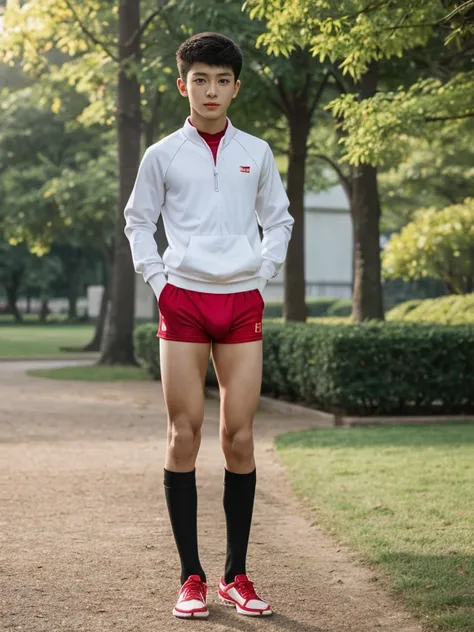  teenagers , very young , light-skin , wearing an dark red sexy underwear, tmasterpiece，k hd，the feet，Transparent sports vest，semi transparent，black long socks，The barefoot , red colour , handsome and cute , extreme cute boy , white skin , dark red underwe...