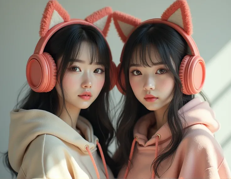 "Create an ultra-realistic image of a 2 Japanese woman. She is wearing a cozy hoodie and unique fox-themed headphones. She is posing for a photo with a calm and slightly playful expression, standing naturally as if captured in the moment. The image should ...