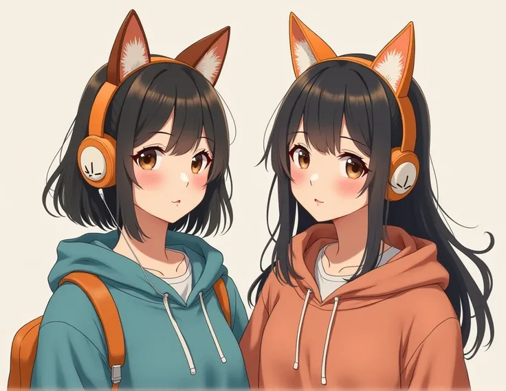 Create an ultra-realistic image of a 2 Japanese woman. She is wearing a cozy hoodie and unique fox-themed headphones. She is posing for a photo with a calm and slightly playful expression, standing naturally as if captured in the moment. The image should b...