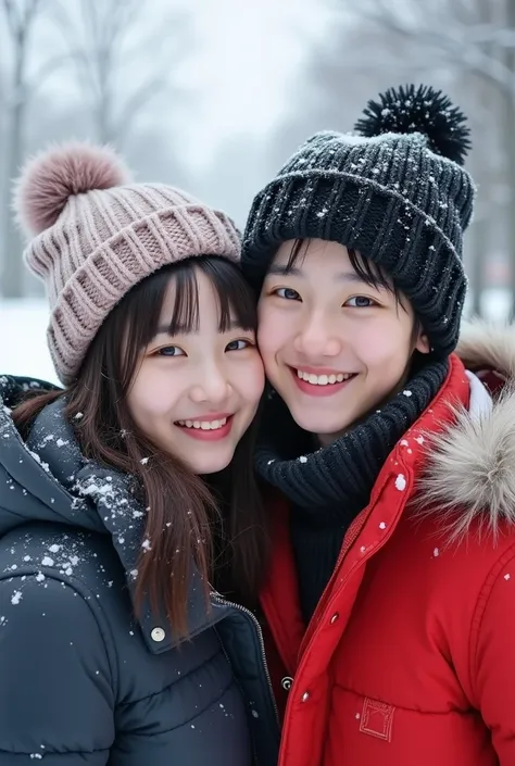 A photo of BTS&#39;s RM with a white girl with black hair in the snow