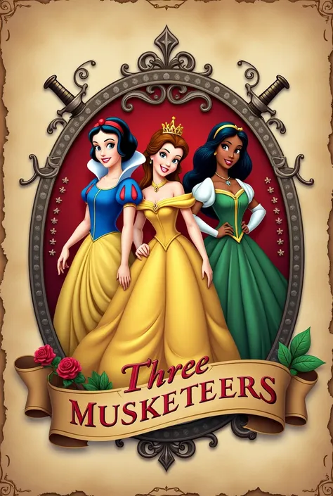 Create a logo with the princesses Snow White,Bella,Tiana and the Frog named after the musketeers