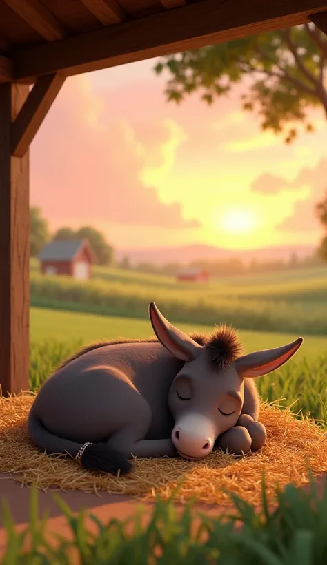 Draw a donkey sleeping peacefully on a pile of straw in a roofed stable on a farm. The farm should be picturesque and detailed, with green fields and a sunrise sky with soft orange and pink tones, in a 3D animated style.