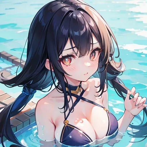 Long navy hair，Swimwear，tits，High-quality faces，Symmetrical pupils，Fufu has a very cute face，Its a cute girl，In the pool