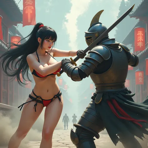 a large breasted girl is fighting with a sword against a knight, pale skin, taiwandolllikeness, taiwan, long hair, bangs, sagging breast, bikini