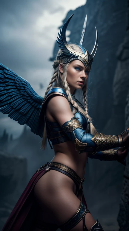 a beautiful young nordic warrior woman, tall, with large blue eyes, long blonde braided hair, wearing a winged horned war helmet, detailed face and body, action pose, dramatic lighting, vibrant fantasy colors, epic cinematic style, (best quality,4k,8k,high...