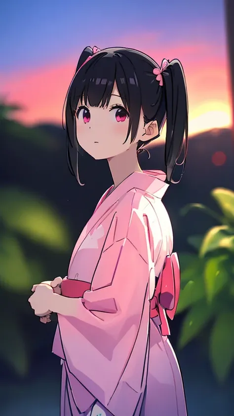 black hair、refreshing、high-quality background that looks like an anime cel、half twin tail、clear、cute summer yukata、pale white an...