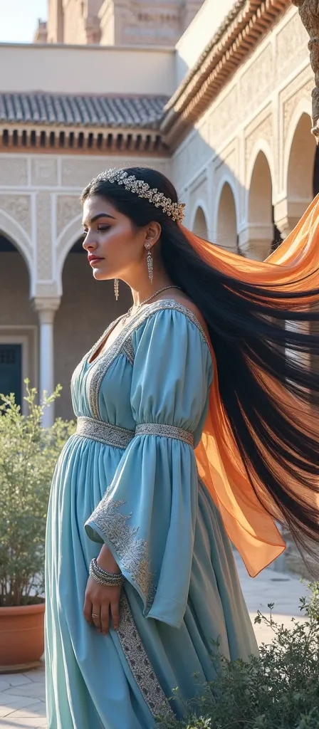 portrait of a plump woman inside the Alhambra with very very long black hair, crowned with a medieval Arabic headdress with an orange veil, pastel blue kaftan with silver Arabic embroidery, silver jewelry, Al-Andalus era, ethereal atmosphere.