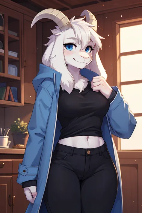 woman, teenager, alone, in a house, hairy, goat, anthropomorphic goat, Asriel, Undertale ((Asriel Dreemurr)), average breasts, big ass, average hips, perfect body, tall, ((long hair, long white hair) ), blue eyes, anthropomorphic face, cartoon, smile, Eski...