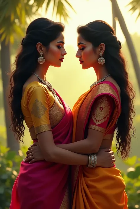 Two women in kerala saree with deep neck blouse showing off their back in jealousy.