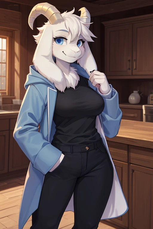 woman, young adult, alone, in a house, hairy, goat, anthropomorphic goat, asriel, undertale ((asriel dreemurr)), average breasts...