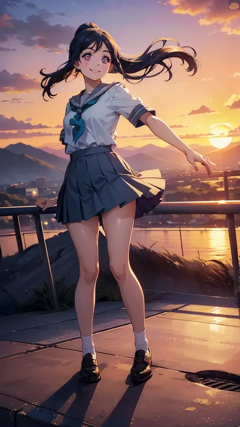 kanan matsuura, blue hair, long hair, ponytail, (purple eyes:1.1), sidelocks, aqua neckerchief, grey sailor collar, grey skirt, ...