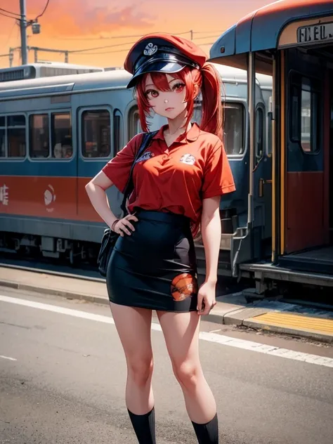 1girl, solo, red hair, red eyes, twintails, employee uniform, pencil skirt, skull print, navy cap, orange sky,, outdoors, train ...