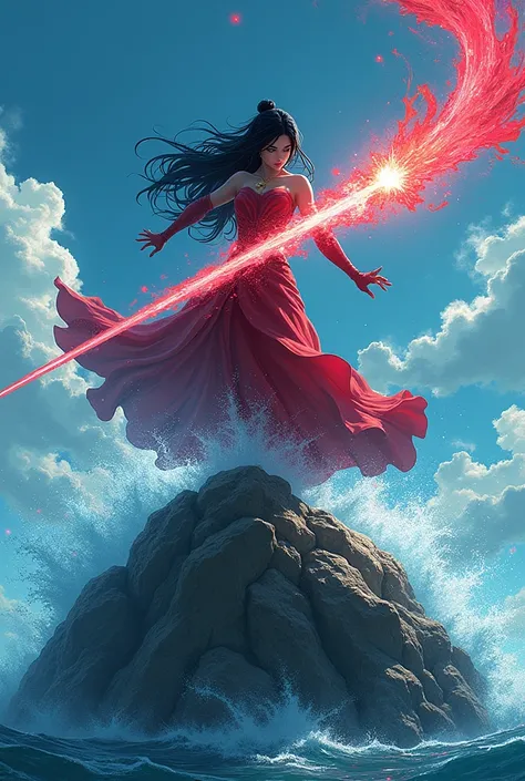 a woman standing on top of a rock, her sword leaves a wave of water, photo by ,Taite Kubo, red blue color palette, rippling water, gunshot, magic art flowing from hands, rippling liquid, tpose, nanquan , half face in water , protagonist, Muichiro Tokito , ...