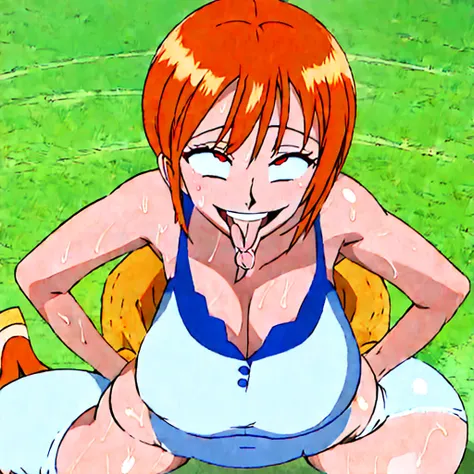 Orange short hair, Ahegao, smile, crazy Smile, 勝ち誇ったsmile, Her body is thin and delicate like an elementary school student, but her breasts are large., Sweaty, crazy Smile, Firm and shiny big breasts, Eyes without highlights, Turn your ass towards me, Wear...