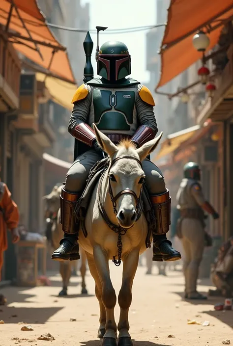 Boba Fett riding a donkey in market alley、Star Wars、movie、Mandaean