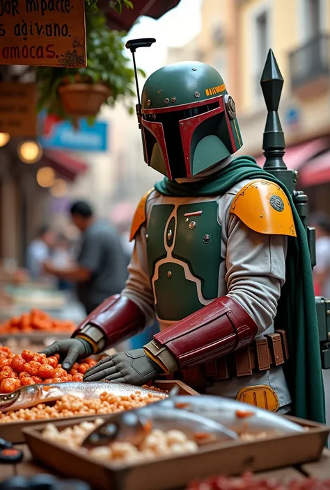 Boba Fett works at a seafood stall in a Spanish market、Star Wars、movie、Mandaean