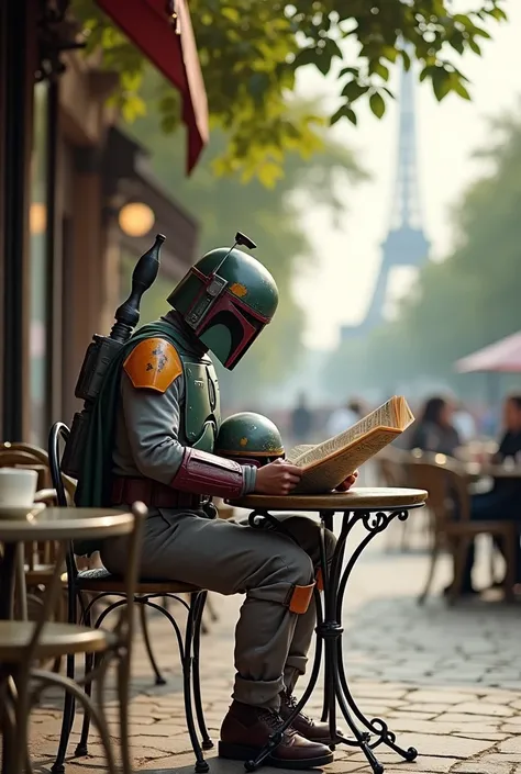 Boba Fett reading the newspaper at an outdoor cafe in Paris、Star Wars、movie、Mandaean