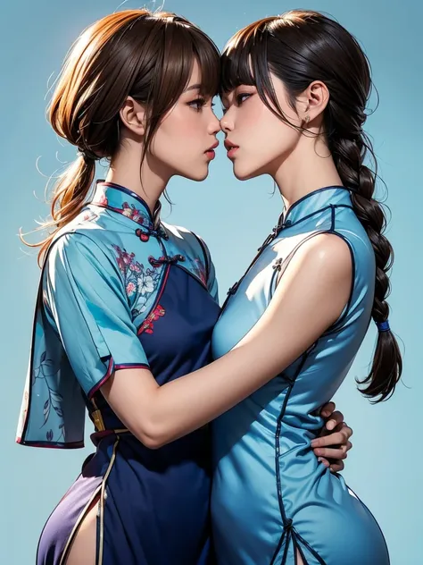 Realistic, masterpiece, Highest quality, Highest Resolution, Anatomically correct, Accurate Anatomy, 7 heads, Height: 165cm, (two Japanese woman is deeply in love with each other, kiss), A sharp expression with some teeth showing, Profile staring into the ...