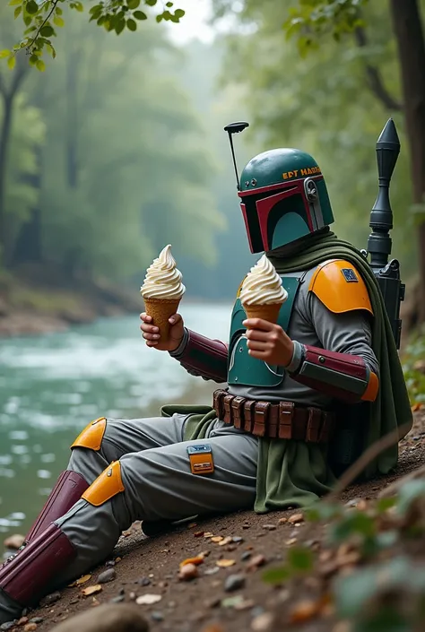 Boba Fett sitting on the riverbank with a soft serve ice cream in each hand、Star Wars、movie、Mandaean