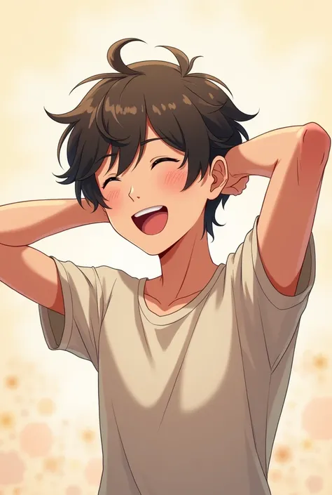 Shy anime guy laughing hands at the back of head
