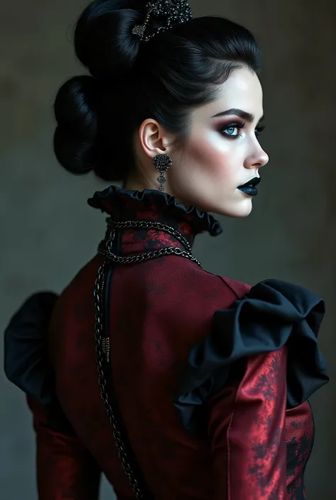 ((photograph)), black hair updo goth girl, blackout eyeshadow, 30 year elegant woman, pale skin, high collar renaissance maroon black chinoiserie dress, black lips, chains, bright blue eyes, normal buxom lass, from behind, rear view
