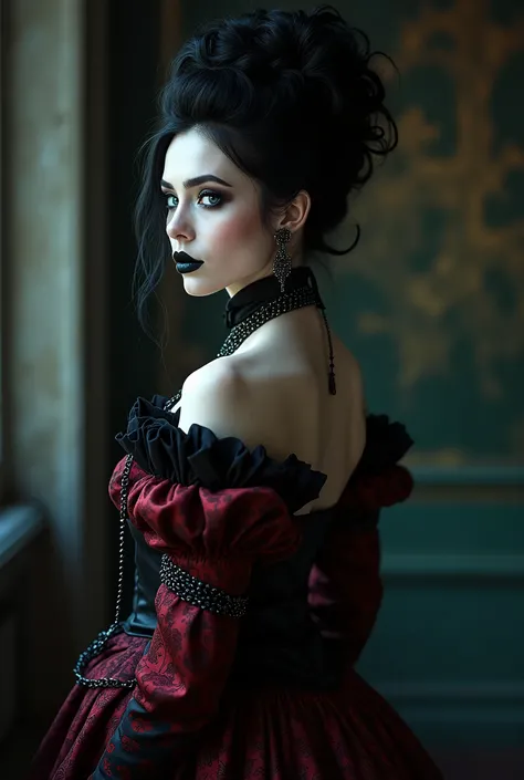 ((photograph)), black hair updo goth girl, blackout eyeshadow, 30 year elegant woman, pale skin, high collar renaissance maroon black chinoiserie dress, black lips, chains, bright blue eyes, normal buxom lass, from behind, rear view
