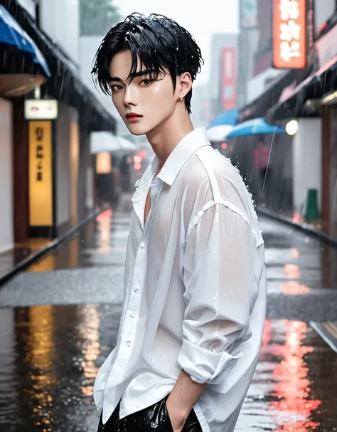 handsome korean man. fashion model, black hair. He look like kpop singers. Such as Cha Eun Woo, donghae.  Detail face. He is now on the street. Wearing white colour shirt. Heavy rain by now. He got wet.