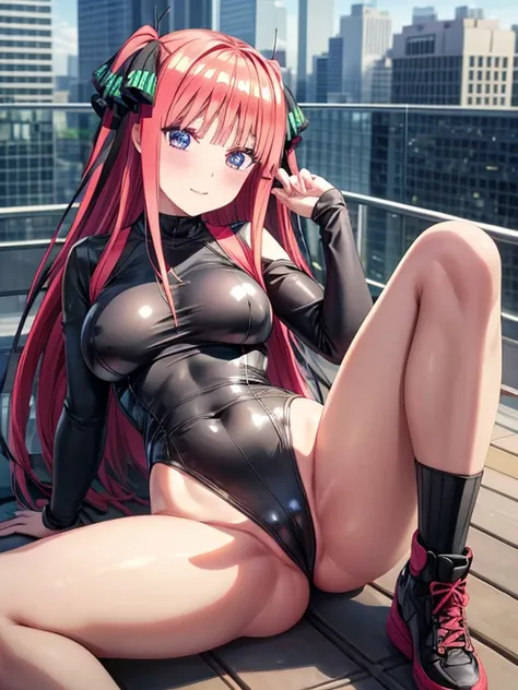 best quality, insanely detailed, nino nakano, breasts, blush, looking at viewer, cheerful eyes, arousal, long sleeve leotard, highleg leotard, athletic leotard, tight leotard, pussy, full body, spread legs, masturbation, nsfw, roof top background, airwalki...