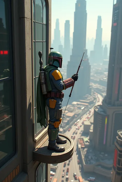 Boba Fett cleans windows in a suspended gondola on a skyscraper、Star Wars、movie、Mandaean、