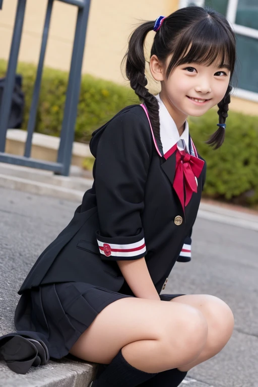 Young, elementary school student, black hair, short pigtails, uniform, legs spread, showing genitalia, smile, joy