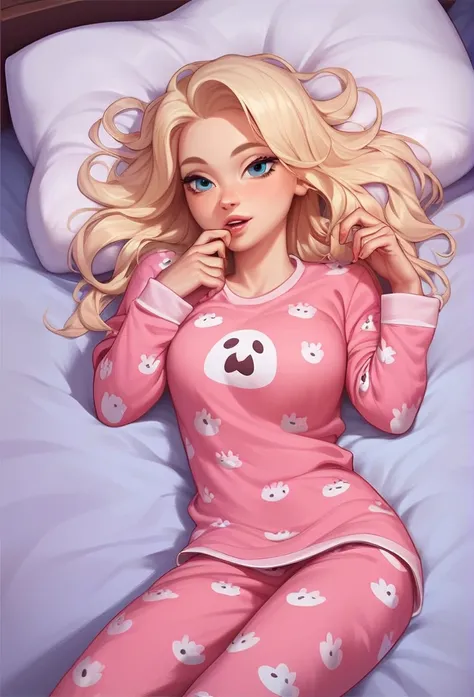 Kizi, slim, long blonde hair (messy). eyes browns. in pajamas. is agreeing. lying on her bed. seducing gaze.