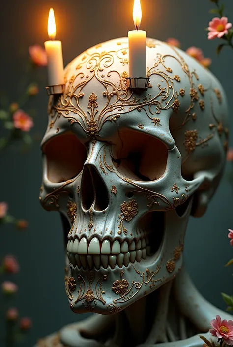 Skull with Art Nouveau design, showing fluid lines and organic shapes typical of this style. Two lit candles sprout from the eye sockets, with melted wax gently dripping down the sides of the skull. Intricate details of flowers and vines adorn the skull, i...