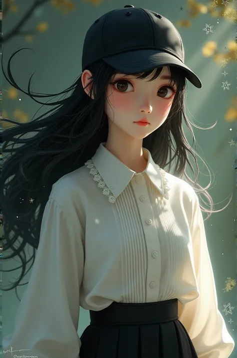 Create a girl with black hair and a black cap on her head, with a white blouse with vertical stripes,black,with a black skirt. agregale magical realism.