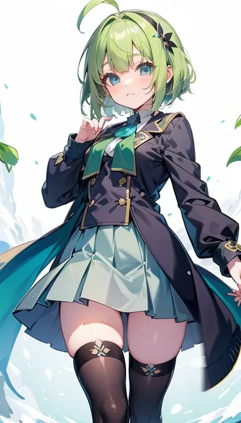 Greenish blonde　Blue Eyes　Short Bob Hair　Thin twin tails　Girl　Ahoge　Baby Face　Black flower hair clip　Snowdrops　clear　Beautiful breasts　Snow Country　Black and purple sweater　Grey Skirt　Grey Cape　Black Stockings　Wear warm clothes