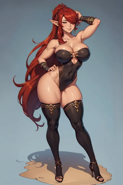 ((masterpiece)), (((best quality))), (character design sheet, same elf girl character full body, front, side, back),,  1girl, solo, long hair, frontal  looking  at viewer, red hair hair, ponytail, yellow eyes, smile,  , bangs, breasts, simple background, f...