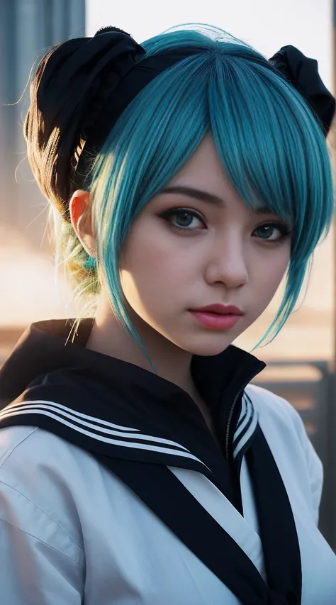 Genius cosplayer girl of Hatsune Miku, intricate detail Highly Detailed Eyes, Faded, Japanese high school white sailor suit, 16K resolution, RAW, Nikon Z9, Creative, Masterpiece, Fantasy, High Definition, High Quality, 8k, Realistic, Dramatic Lighting, Sof...