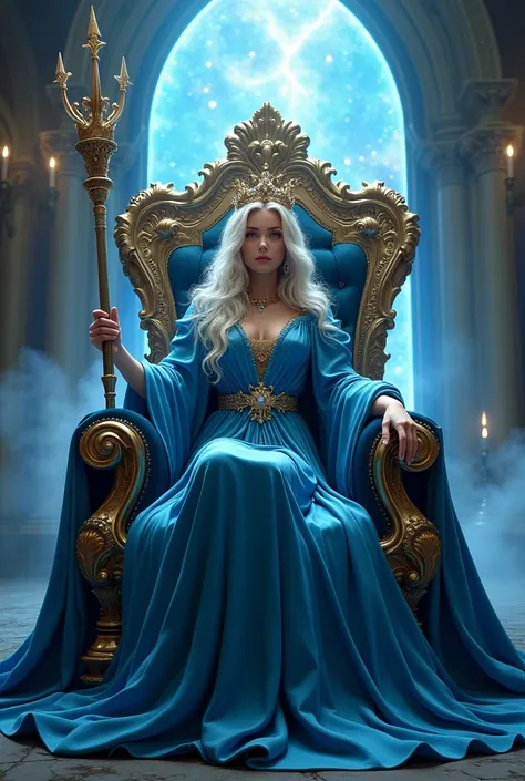 a woman dressed as a sorceress, long blue robe. with a setro in her hand, with her crown on her head, perched on a beautiful throne, behind her she has a portal open to another dimension.