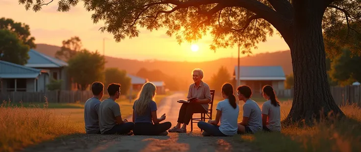 Super realistic image, 8K, elderly lady with silver hair, sitting in a chair under a tree in the corner of a small village, 3 young women and 3 young men in their 30s sitting on the ground around the elderly lady paying attention to her stories, view of th...