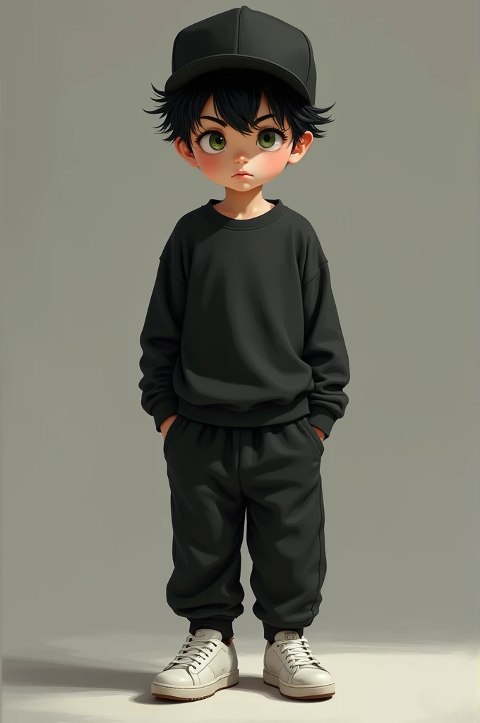 Realistic boy image with pale skin, olive green eyes, black hair, black sweatshirt and baggy pants and white tennis shoes with a black cap 
