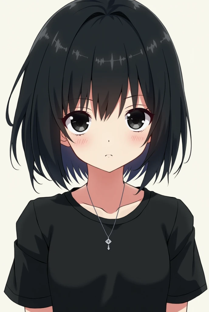 Black hair anime, black eyes, closed mouth, open eyes, short black hair, black t-shirt, necklace 