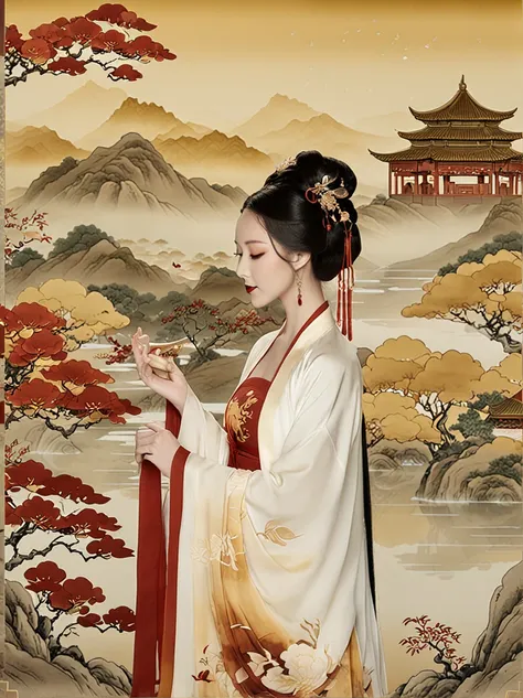 Whimsical and playful, Hanfu light photographic ink wash film painting,A portrait inspired by traditional Chinese art, with a woman in an ancient Hanfu outfit.  The serene landscape evokes the tranquility found in classical Chinese paintings of the Song an...