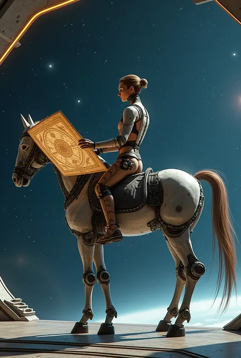 The upper body of a Centaur is an intelligent human figure.，Holding an ancient star map，The lower body of the Centaur is a mechanical horse with advanced thrusters，Standing on the deck of a spaceship，The background is the bright stars and distant galaxies。...