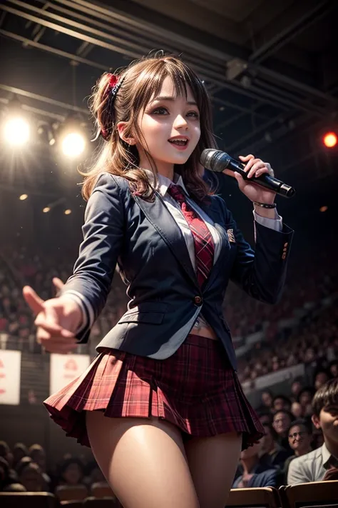 ​(realistic, photo-realistic), (masterpiece, best quality), high resolution, intricate details, extremely detailed, sharp focus, looking at the viewer, solo, 1girl, an idol group member, (AKB48-style costume:1.5), (navyblue blazer with red trim on cuffs an...