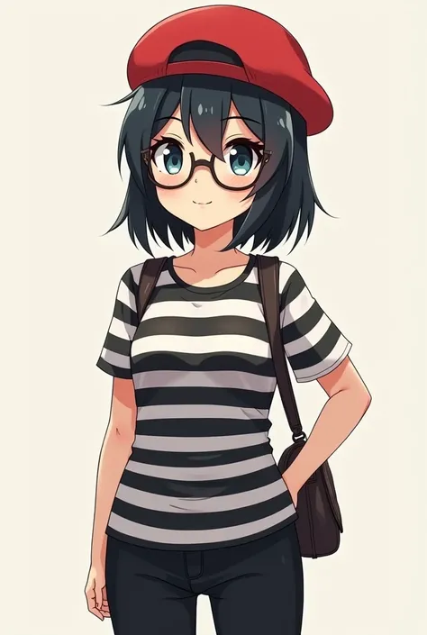 Female anime character black shoulder length hair wearing a red mountain house hat black and white striped shirt black pants glasses 