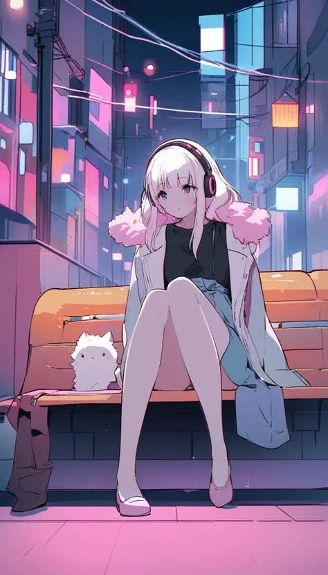 "A cute anime-style girl sitting on an urban bench, embodying a lo-fi, nostalgic atmosphere. She has fluffy, long, wavy light-colored hair, wearing headphones, and a casual outfit: a dark shirt or dress with a loose coat that reaches above her knees. Her l...