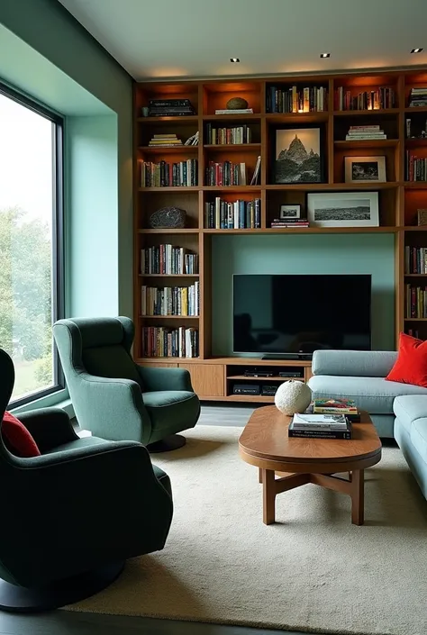 a spacious living room with aqua blue walls, with modern and comfortable black armchairs with red and green colors and also a reclining sofa for visitors. I would also have a large bookstore where they are, In addition to books, some photos and a TV stand ...