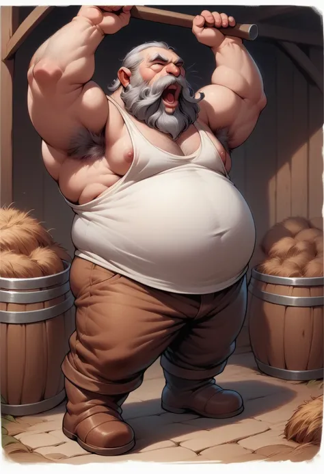 Dwarf Elder, Farmer,6 heads, Overweight man, Gray Hair, Short Hair, Thick, Strong arms and legs, Broad shoulders, A little bit fat, Big beard, big mustache,The whiskers bounce from side to side.,Very hairy, Lots of body hair,chest hair,Detailed body hair, ...