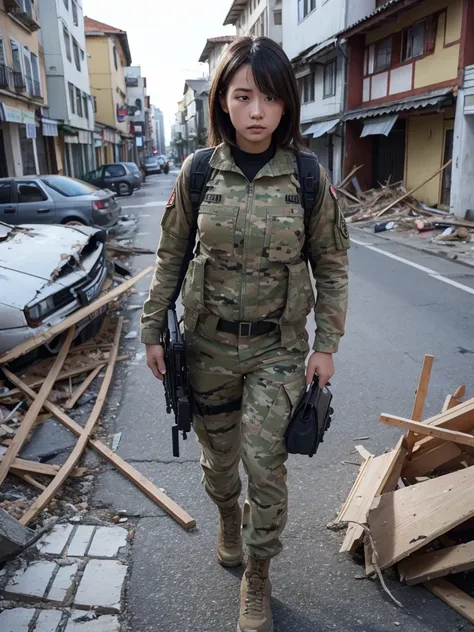 A female soldier stands in a city completely destroyed by the earthquake,Heavy breathing,